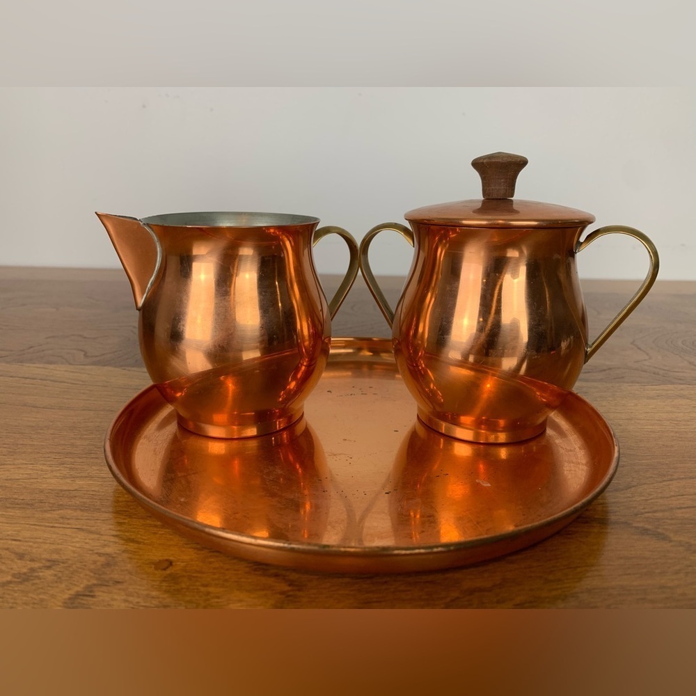 Copral Copper Brass Creamer Sugar Bowl Tray Set Made In Portugal Vtg Mixed Metal - Picture 4 of 11
